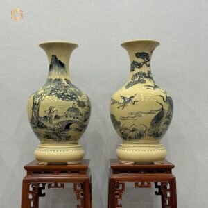 Cặp Bình Phú Quý Gốm Chu Đậu H65 Hoạ Tiết Hoa Tùng Hạc - Đồng Quê Truyền Thống