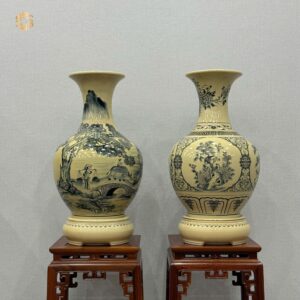 Cặp Bình Phú Quý Gốm Chu Đậu H65 Hoạ Tiết Hoa Đồng Quê – Tứ Cảnh Xuôi Gió Truyền Thống