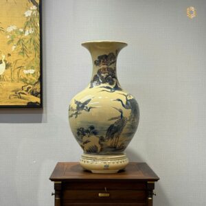 Bình Phú Quý Gốm Chu Đậu H50 Tùng Hạc Vẽ Vàng Men Cổ Lam