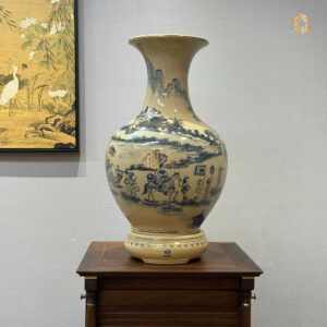 Bình Phú Quý Gốm Chu Đậu H50 Vinh Quy Bái Tổ Vẽ Vàng Men Cổ Lam