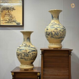 Cặp Bình Phú Quý Gốm Chu Đậu H50 Vinh Quy Bái Tổ Vẽ Vàng Men Cổ Lam